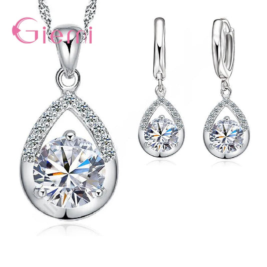 925 Sterling Silver Bridal Jewelry Set Necklace Earrings Women Engagement Romantic Style Water Drop Austrian Crystal
