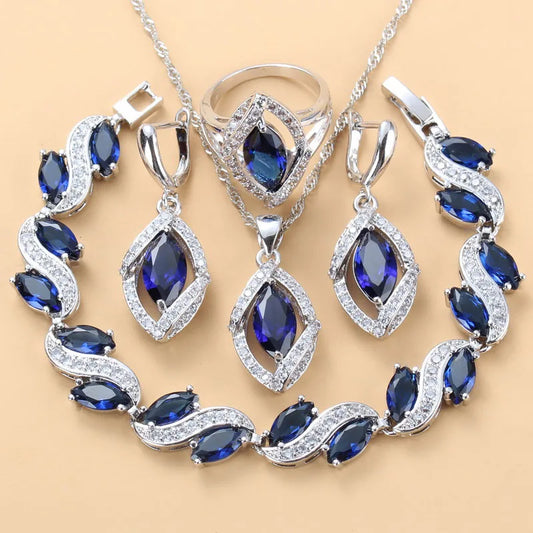 925 Silver Wedding Elegant Women Bridal Jewelry Sets With Natural Stone CZ Blue Bracelet And Ring Sets Free Gift Box