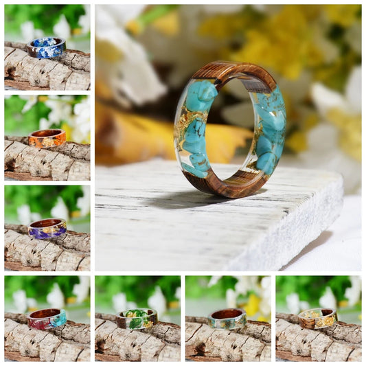 2022 Hot Sale Handmade Wood Resin Ring Dried Flowers Plants Inside Jewelry Resin Ring Transparent Anniversary Ring for Women