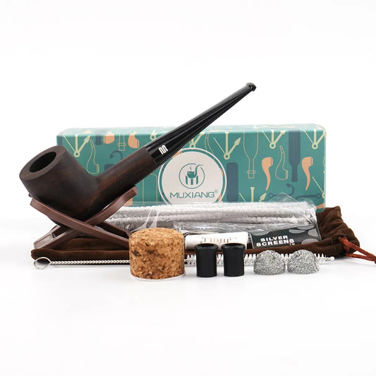Black Sandalwood Pipe Set ， 9MM Filter Solid Wood Dry Ebony Pipe ，Smoking Craft Straight Tobacco Pipe ，with 10 type cleaning kit