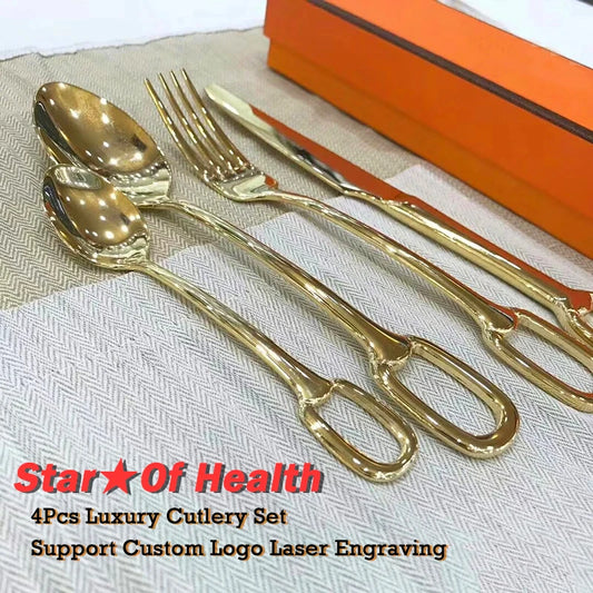 4Pcs Luxury Cutlery Set Creativity European Style Knife Fork Spoon Stainless Steel Tableware Elegant Dinnerware Hangable Design