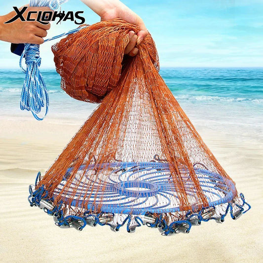 XCLOHAS American Hand Cast Net with Flying Disc High Strength Fly Cast Fishing Network 300/360/420/480/540/600/720cm Throw Net