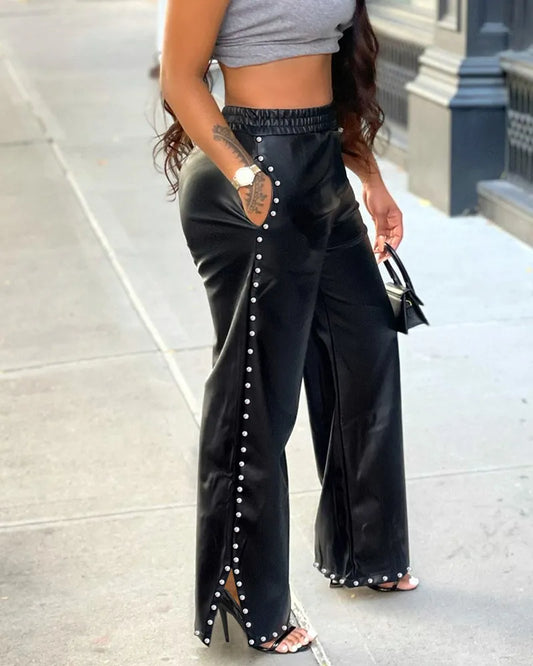 Women Studded Decor Pocket Design PU Leather Wide Leg Pants 2023 New Sexy Femme High Waist Buttoned Trousers Lady Outfits y2k