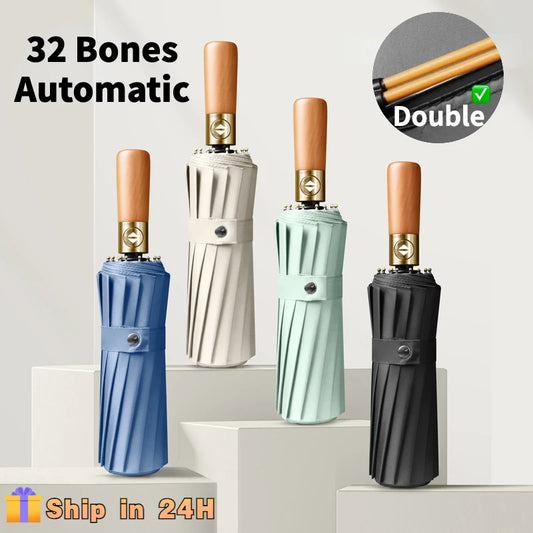 Windproof 32 Bone Business Umbrella for Men, Fully Automatic Wooden Handle, Large Folding, Waterproof Sunshade Luxury Umbrellas